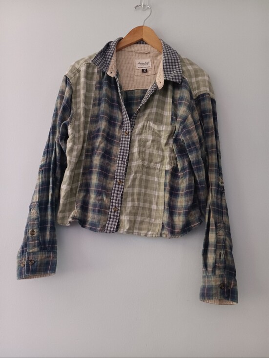 American Eagle Outfitters Tops - American Eagle Plaid Patchwork Button Shirt M Grunge Indie Distressed